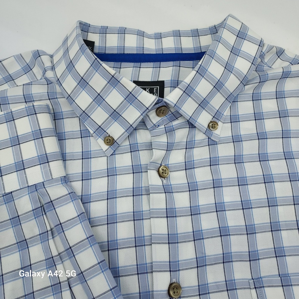 Ike Behar New York Mens XL Blue White Plaid Cotton Button Down Shirt Long Sleeve